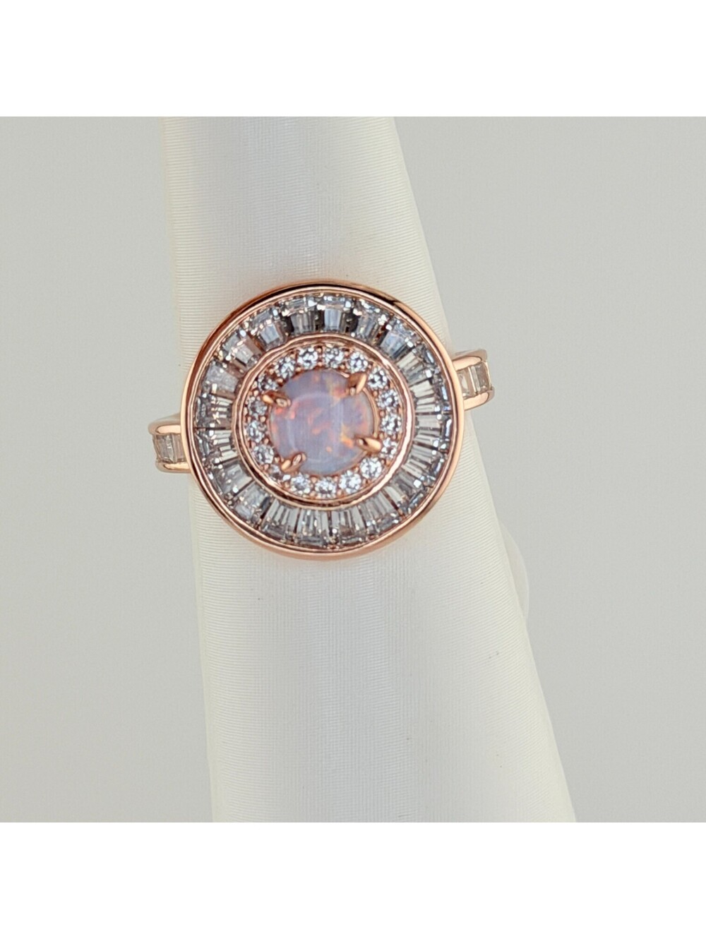 Bomb Party October Sz 7 "Sculpted In Stillness" White Opal on Rose Gold
